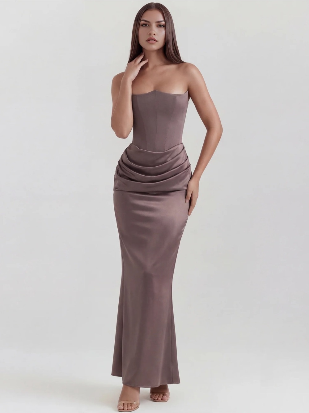 Strapless Satin Gown in Mauve Taupe